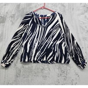 Banana Republic Top Womens S Blue Black White Zebra Striped Pleated Silky Satin